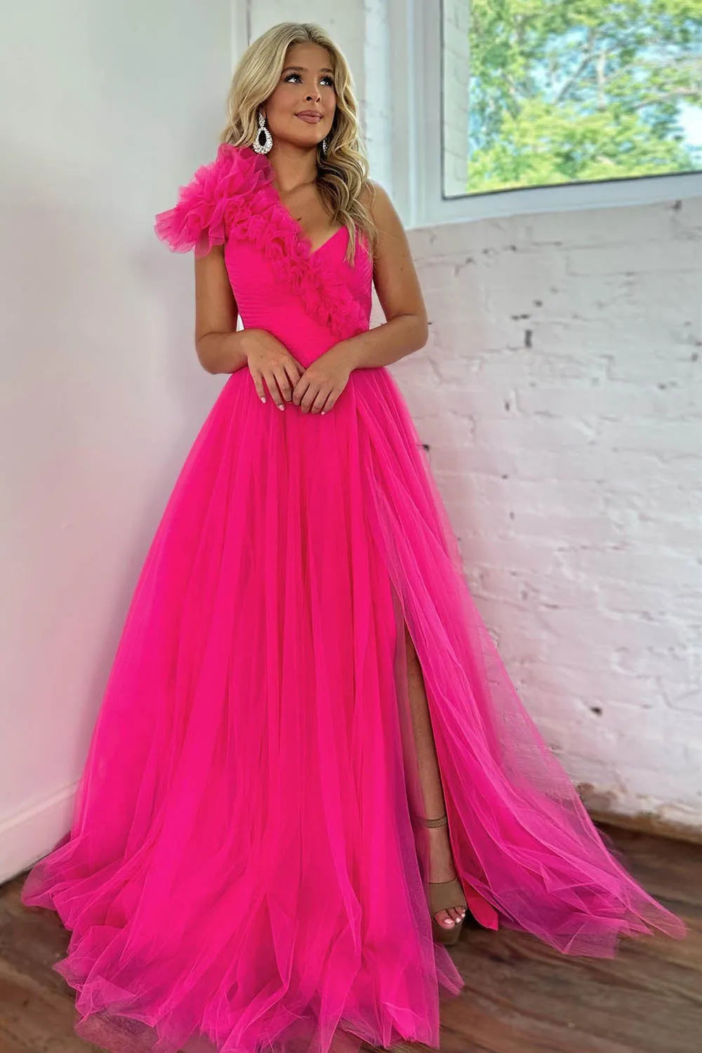 A-Line Princess One Shoulder Fuchsia Long Prom Dress with Split Front