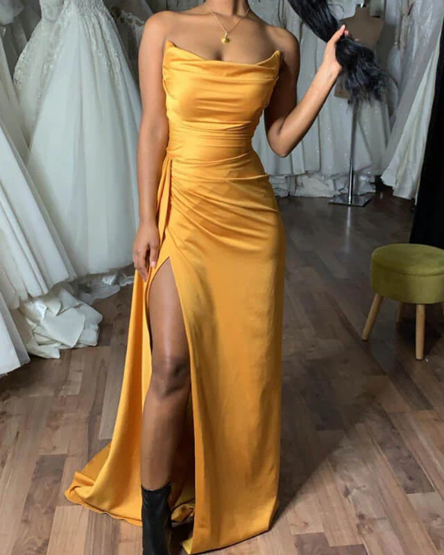 Mermaid Gold Strapless Slit Prom Dress Satin Evening Dress