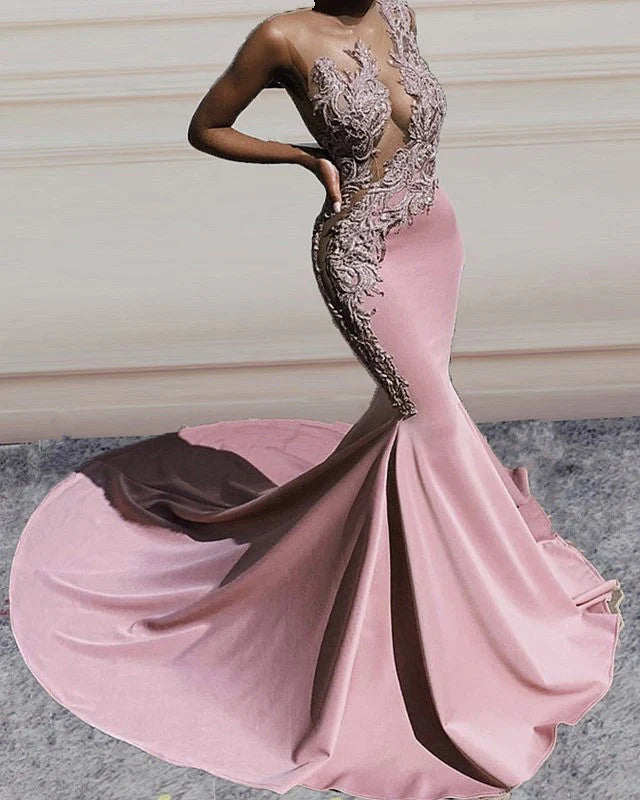 Lace Embroidery Prom Dresses Mermaid Sheer Neck Evening Dress