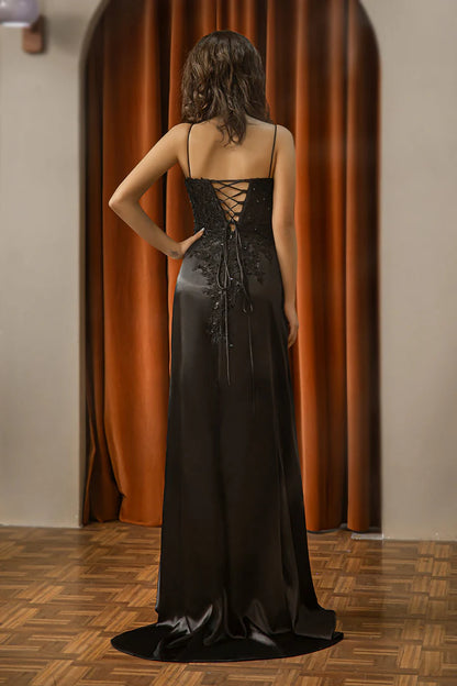 Black Slit Ruched V-Neck Floor-length Prom Dress Lace With Appliques