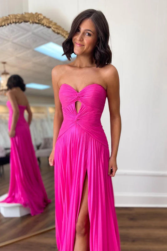 Sweetheart Pleated High Slit Keyhole Floor-length Prom Dress