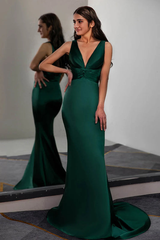 Fitted Mermaid Dark Green Satin Long/Floor-length Prom Dress