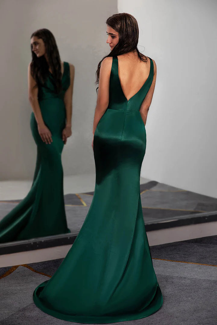 Fitted Mermaid Dark Green Satin Long/Floor-length Prom Dress