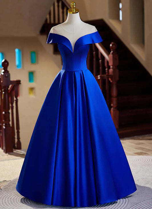 Royal Blue Satin A-line Ballgown Long Evening Dress Prom Dress