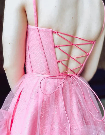 Glitter Hot Pink Corset A-Line Lace Up Tulle Homecoming Dress