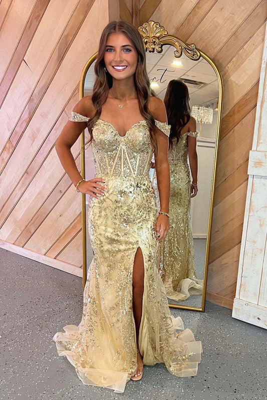 Corset Slit Prom Dress with Sequin Mermaid Off Shoulder Floor-length Dress