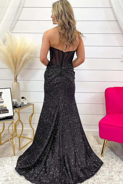 Black Sequin Sweetheart Corset Prom Gown With Sweep Train