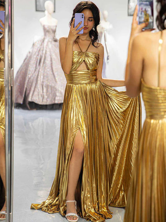 A-Line Gold Metallic Keyhole Floor-length Prom Dress With Slit