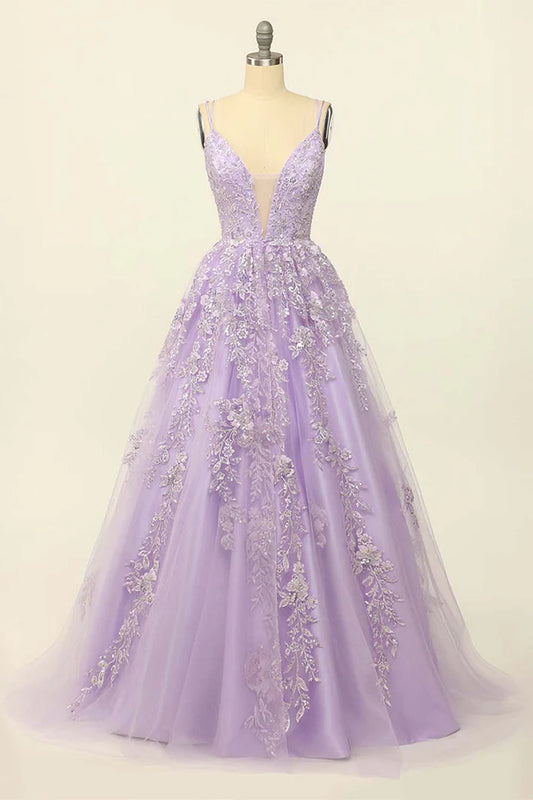 A-Line Princess Deep V-Neck Lilac Princess Long Prom Dress with Appliques