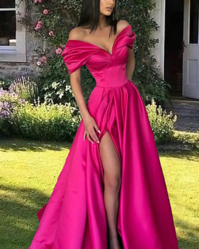 Hot Pink A-Line Satin Off Shoulder Dress Prom Dress With Slit