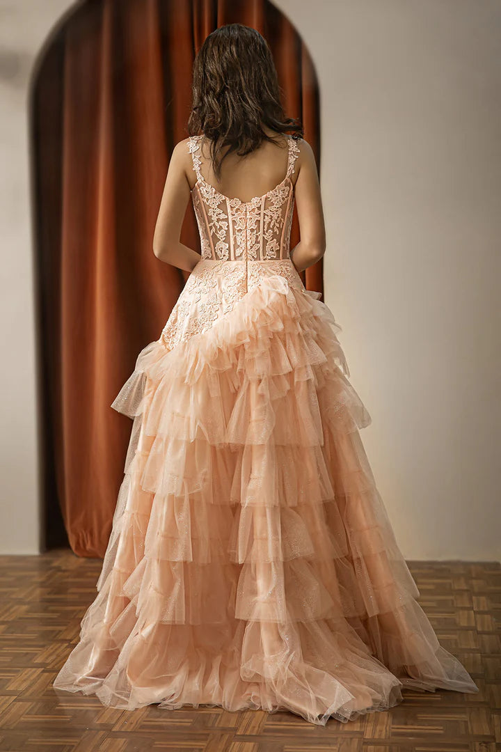 Glitter Tiered Corset Prom Dress with Appliques A-Line Princess Dress