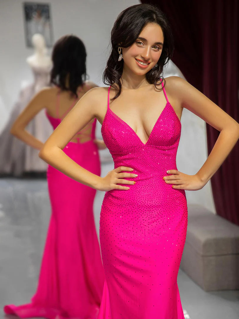 Deep V-Neck With Lace Up Back Fitted Pink Beaded Prom Dress Sweep/Brush Train Dresses