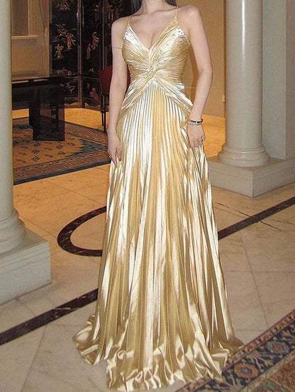 Gold Pleated Prom Dress Spaghetti Strap Floor-length V-Neck Dress