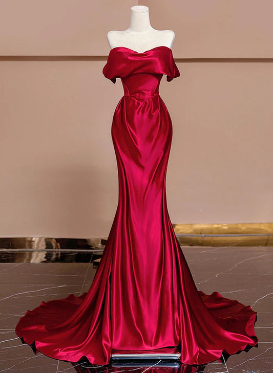 Red Off Shoulder Satin Long Evening Dress Prom Dress with Sweep Train