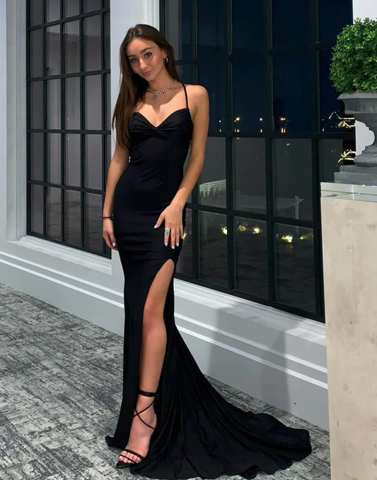 Mermaid Backless Black Prom Dress with Split Sweep/Brush Train Dresses