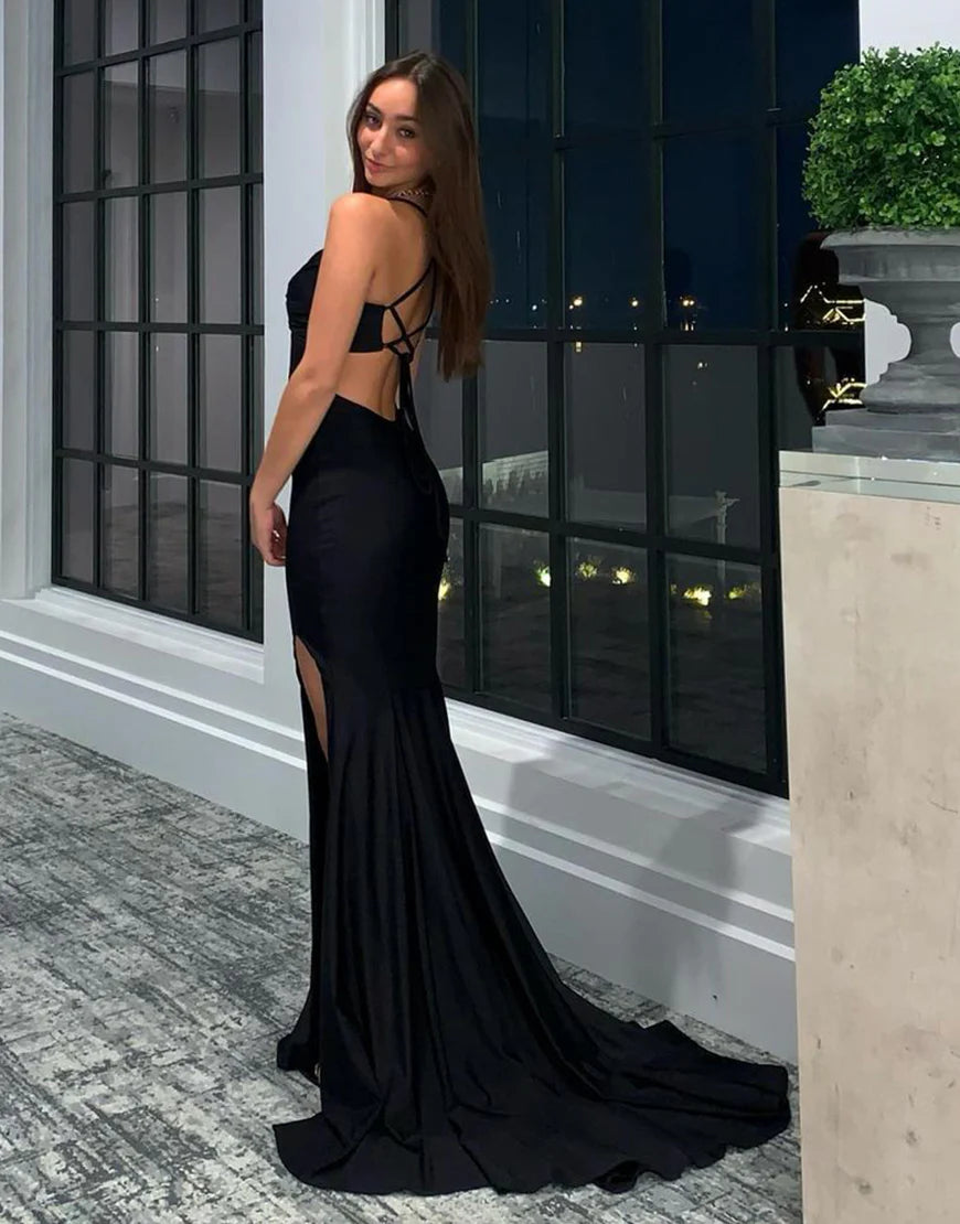 Mermaid Backless Black Prom Dress with Split Sweep/Brush Train Dresses