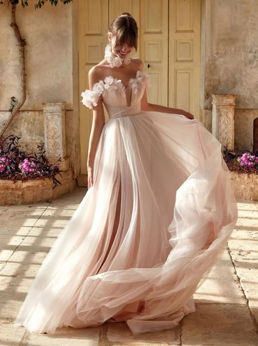 A-Line Princess Wedding Dress V-Neck Sleeveless With Train Organza Bridal Gowns