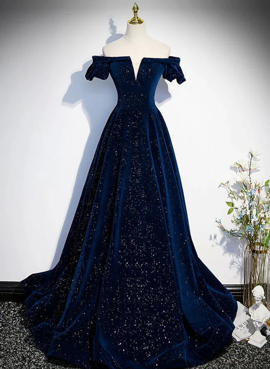 A-line Simple Navy Blue Velvet Off Shoulder Prom Dress Evening Dress