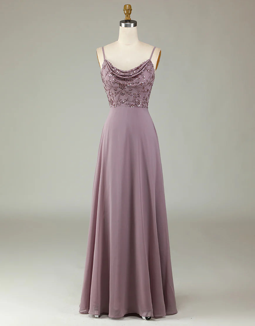 A Line Spaghetti Straps Long Bridesmaid Dress with Beaded