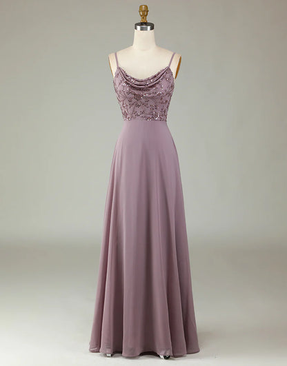 A Line Spaghetti Straps Long Bridesmaid Dress with Beaded