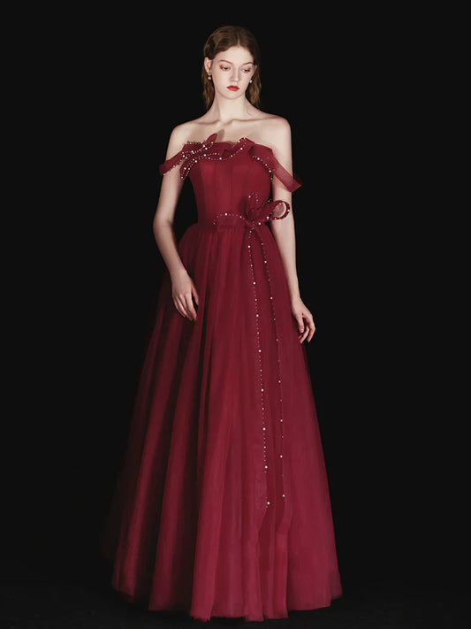 A-Line Tulle Beads Burgundy Long Prom Dress Evening Dress