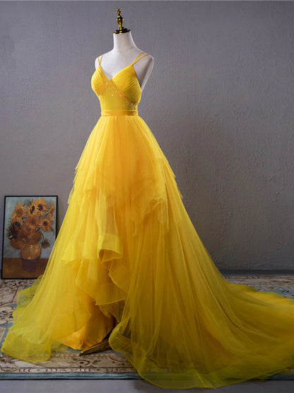 Yellow V Neck High Low Prom Dress Evening Dress