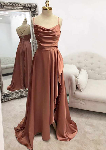 A-line Bateau Spaghetti Straps Long Satin Prom Dress Evening Dress With Pleated Split