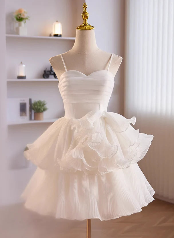 White Tulle Straps Short Graduation Dress Tulle Sweetheart Prom Dress