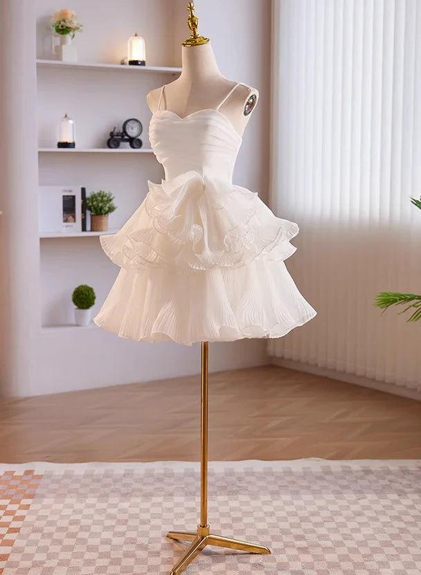 White Tulle Straps Short Graduation Dress Tulle Sweetheart Prom Dress