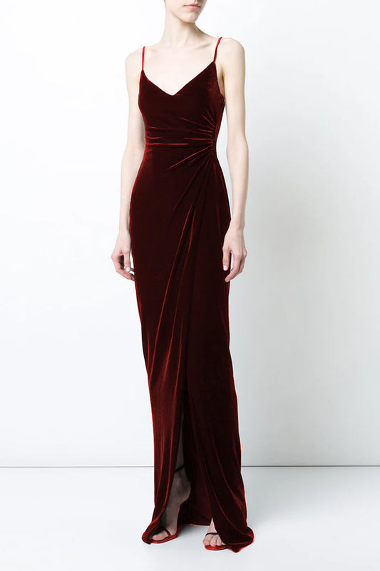 Burgundy Velvet Spaghetti Strap Floor-length Evening Prom Dress