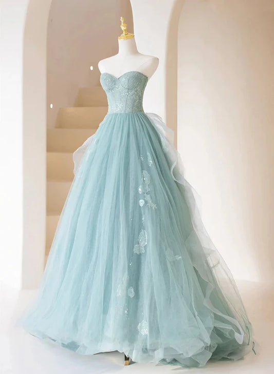 A-line Tulle Strapless Long Prom Dress Sweetheart Neck Ball Gown Formal Evening Dress