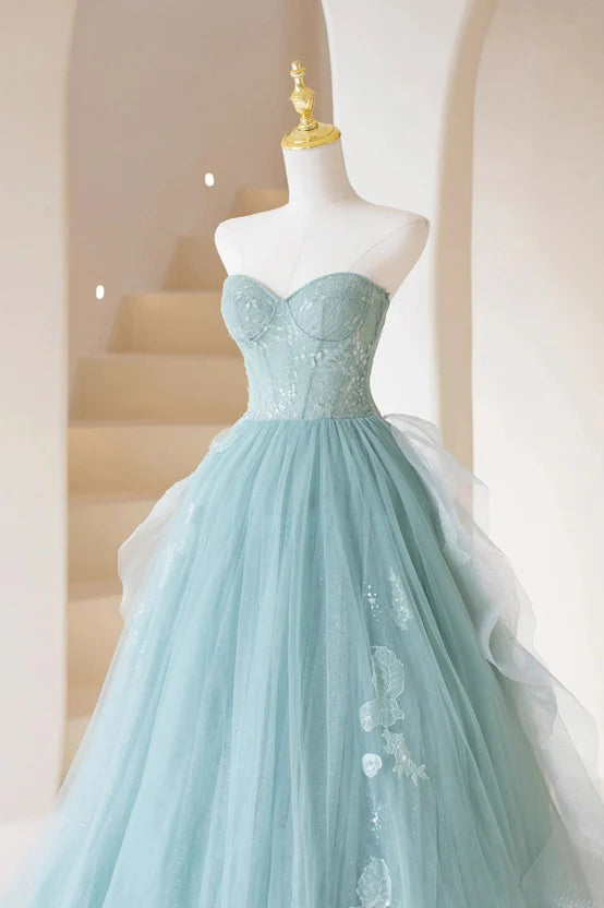 A-line Tulle Strapless Long Prom Dress Sweetheart Neck Ball Gown Formal Evening Dress