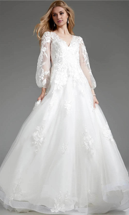 Applique Bishop Sleeve Bridal Gown V-Neck Wedding Dress