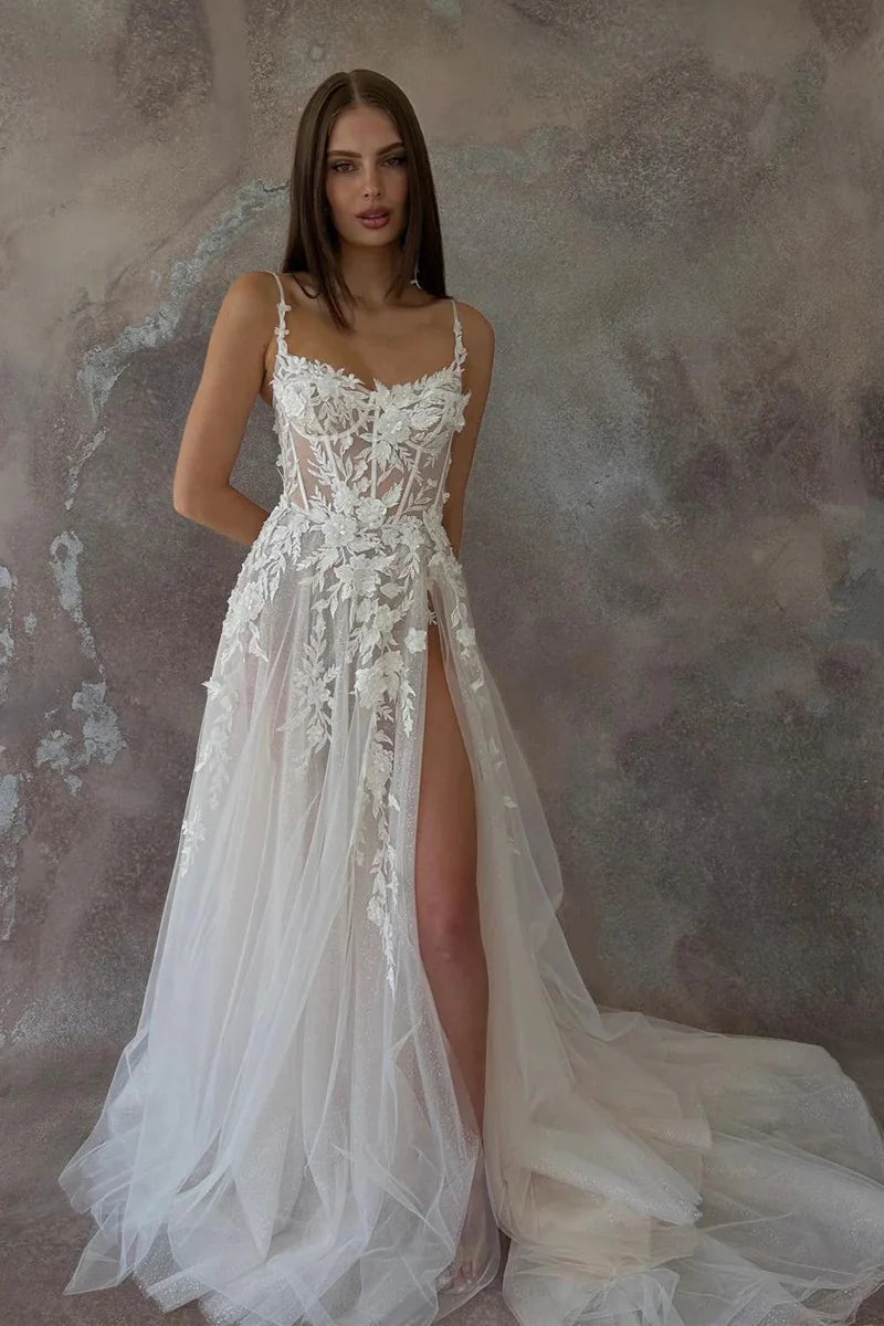 A Line Square Neck Tulle Wedding Dresses with Appliques With Slit