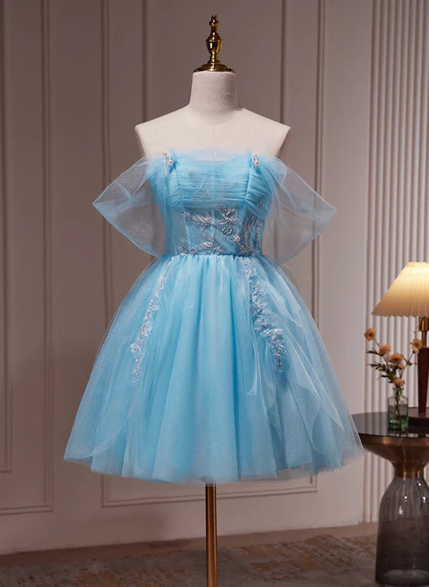 Light Blue Beaded Sweetheart Tulle Lace-up Party Dress Homecoming Dress