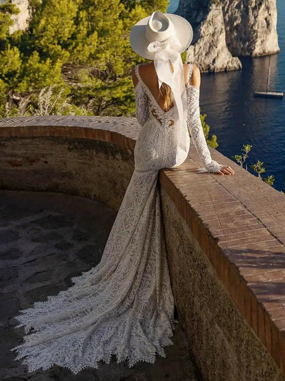 Lace Wedding Dress With Train Mermaid Sleeveless V-Neck Bridal Gowns