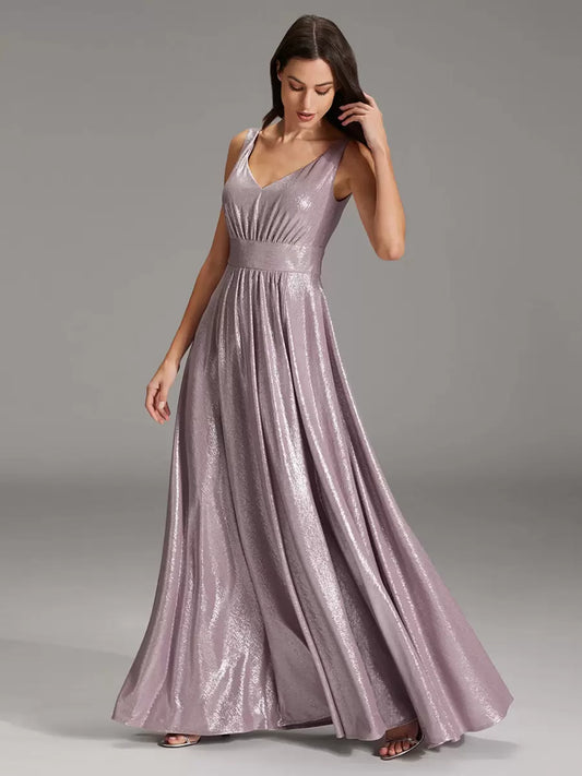 Glitter A-Line V-Neck Floor-Length Sash Formal Evening Dress Wedding Guest Party Dresses