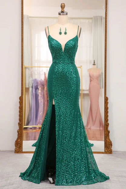 Sparkly Mermaid Spaghetti Straps Dark Green Long Prom Dress with Split Front