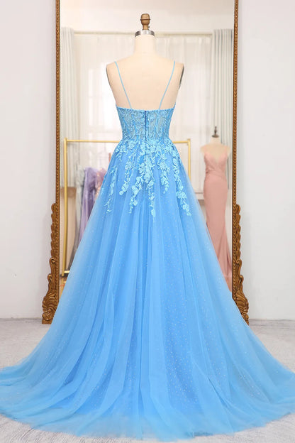 Gorgeous A-Line PrincessT ulle Spaghetti Straps Blue Long Prom Dress with Appliques