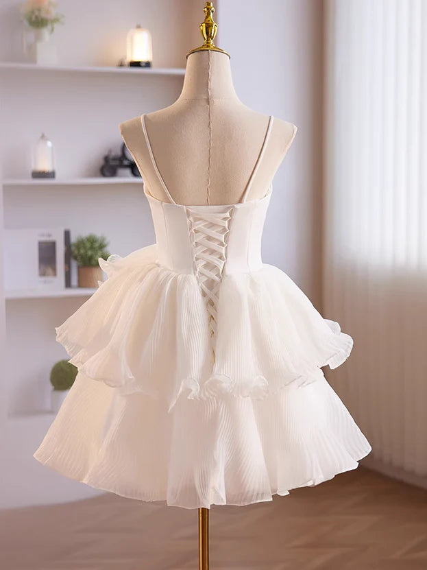 White Tulle Straps Short Graduation Dress Tulle Sweetheart Prom Dress