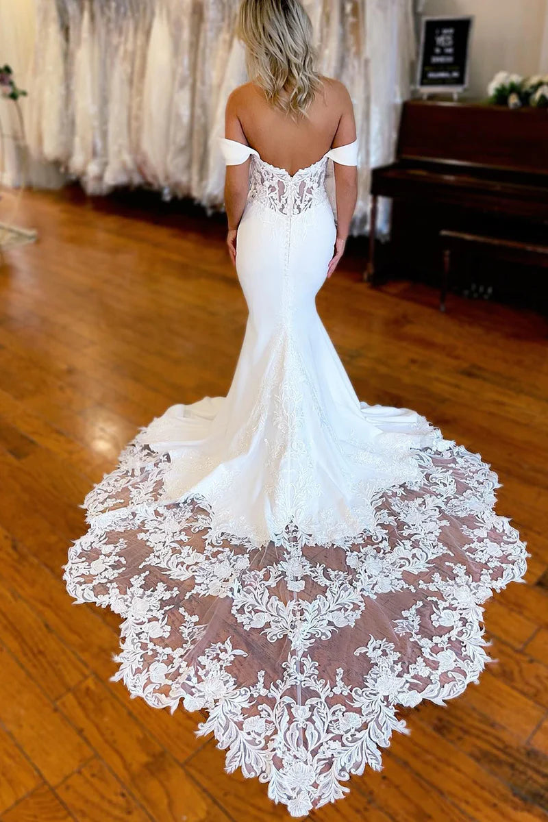 White Boho Mermaid Off the Shoulder Long Wedding Dress with Lace