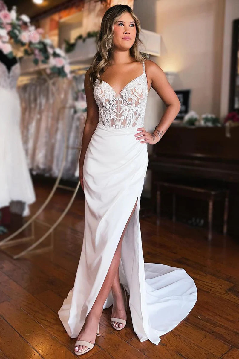 White Lace-Up Back Lace Wedding Dress with Slit