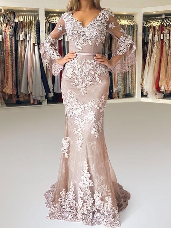 Mermaid V-Neck Long Sleeves Zipper Lace Satin Formal Evening Dress