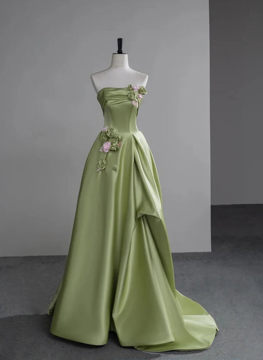 Green A-line Satin with Flowers Long Evening Dress Satin Prom Dress with Sweep Train