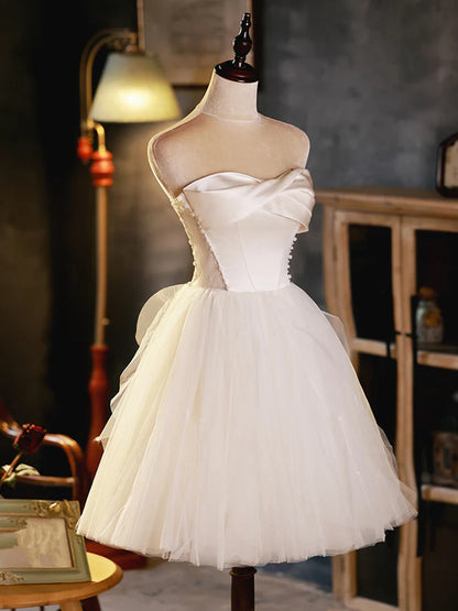 A-Line Ivory Tulle and Satin Short Homecoming Dress Graduation Dress