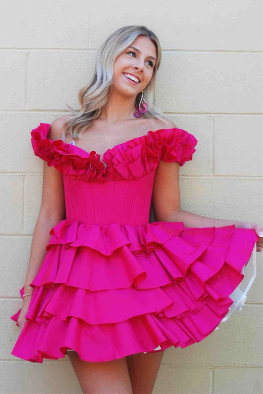 Cute A-Line Fuchsia Off the Shoulder Ruffle Cute Homecoming Dress