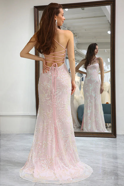 Mermaid Spaghetti Straps Pink Backless Long Prom Dress With Criss Cross Back