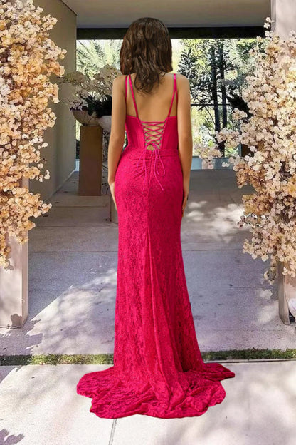 Mermaid V-Neck Slit Corset Long Pink Prom Dress