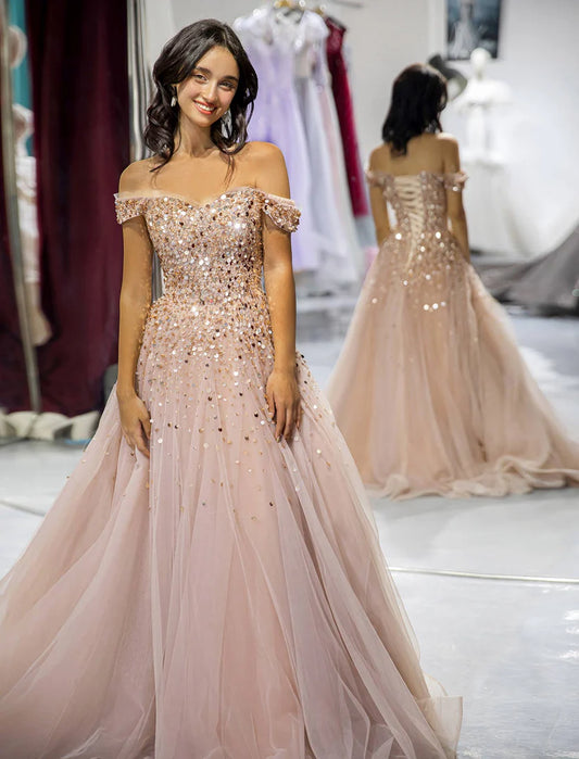 Champagne A-Line Princess Off the Shoulder Beaded Floor-length Prom Dress