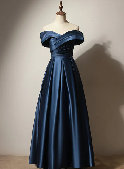 A-line Off Shoulder Navy Blue Satin Long Party Dress Evening Dresses